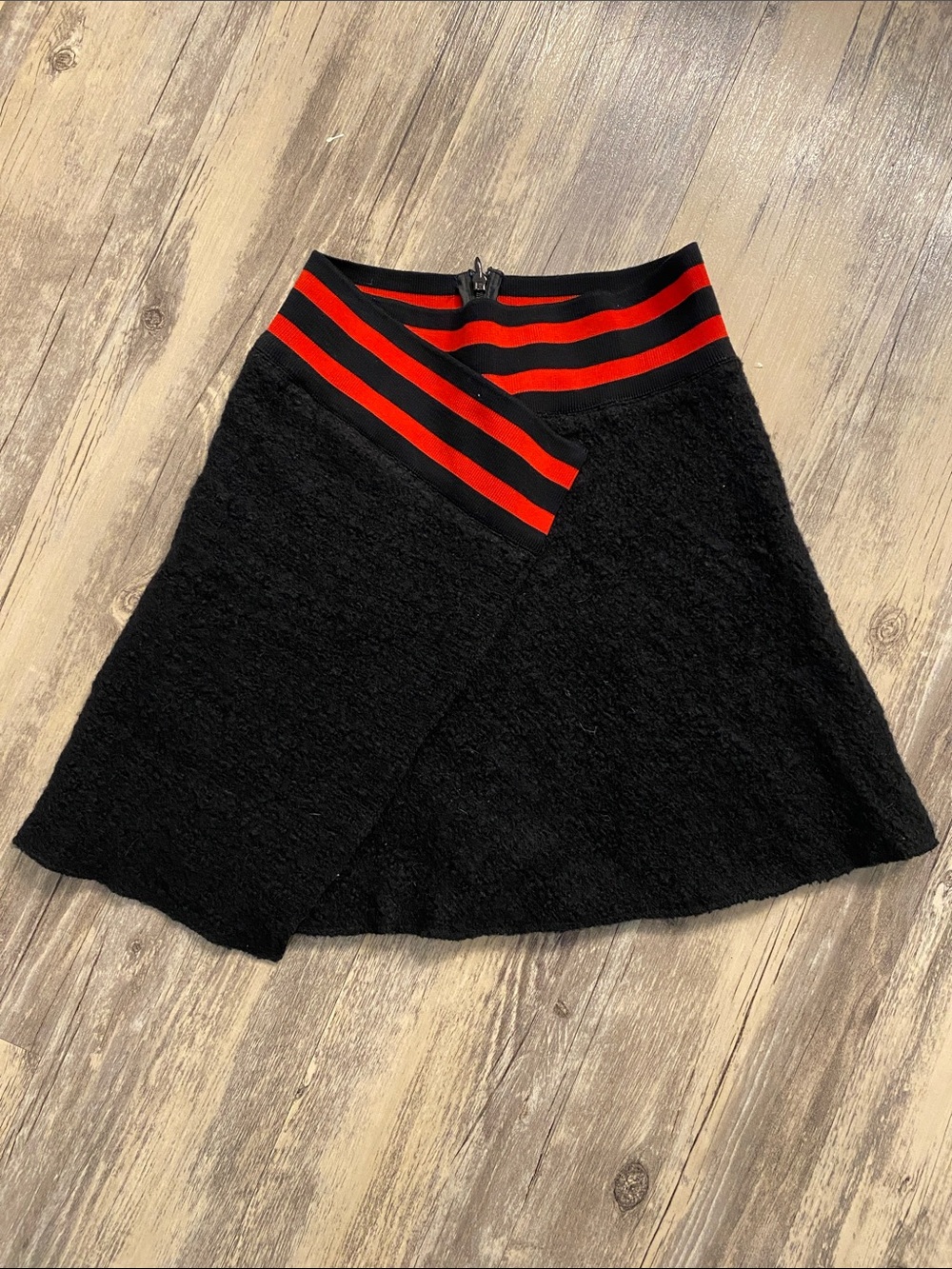 Maje Wool Boucle Striped Rib Knit Asymmetrical Waistband Black Red 2